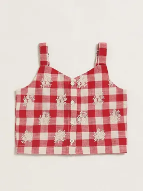 Utsa Kids Red & White Checked Embroidered Top (2 - 8yrs)