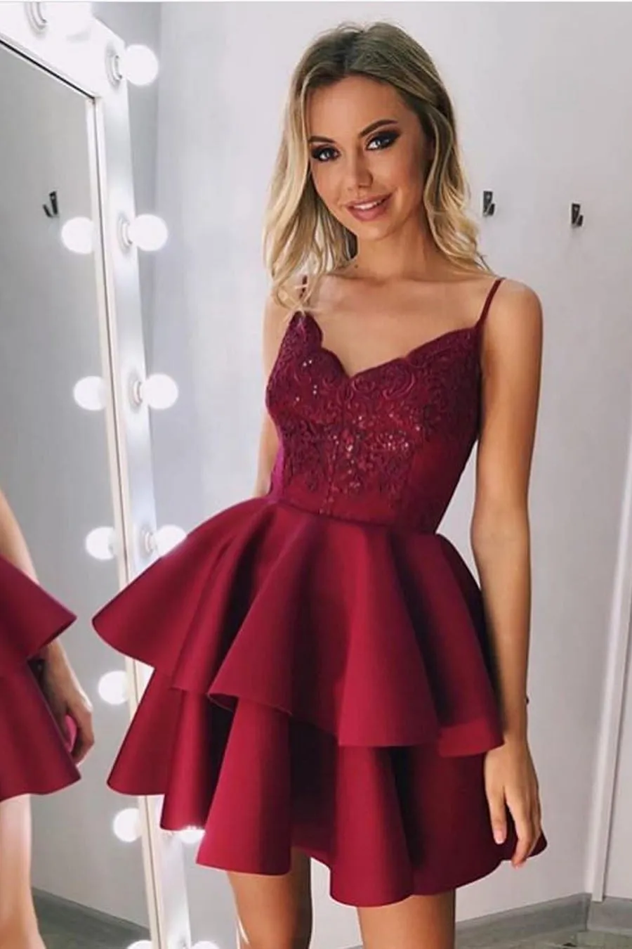 V Neck Backless Layered Burgundy Lace Short Prom Dress, Short Maroon Lace Formal Graduation Homecoming Dress