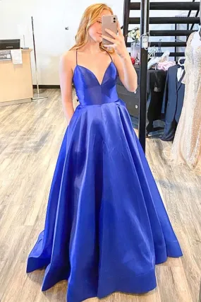 V Neck Cross Back Royal Blue Satin Long Prom Dress, Backless Royal Blue Formal Graduation Evening Dress A1504