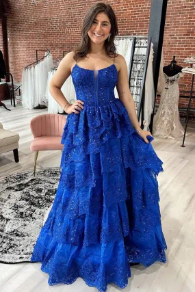 V Neck Layered Blue Lace Long Prom Dress, Blue Lace Formal Dress, Long Blue Evening Dress A1994