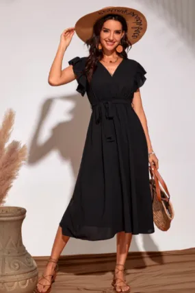 V Neck Ruffle Sleeve Flare Midi Dress