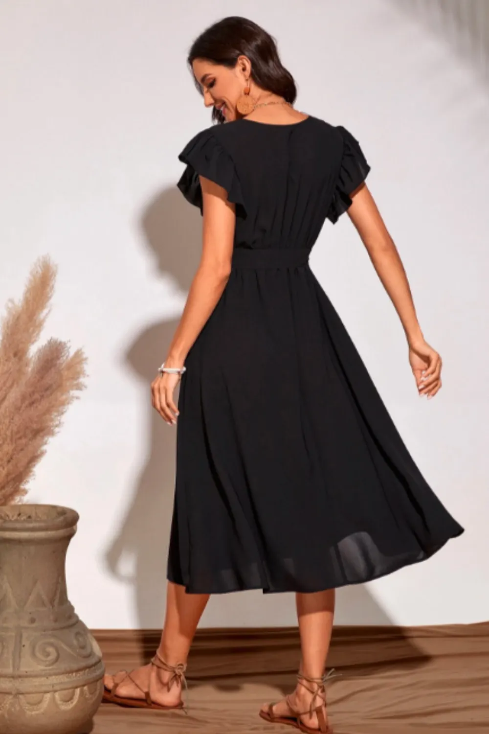 V Neck Ruffle Sleeve Flare Midi Dress