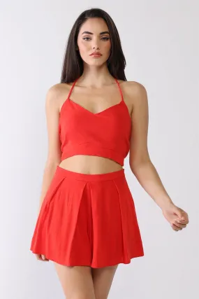 V-Neck Sleeveless Self-Tie Crop Top & High Waist Pleated Shorts Set