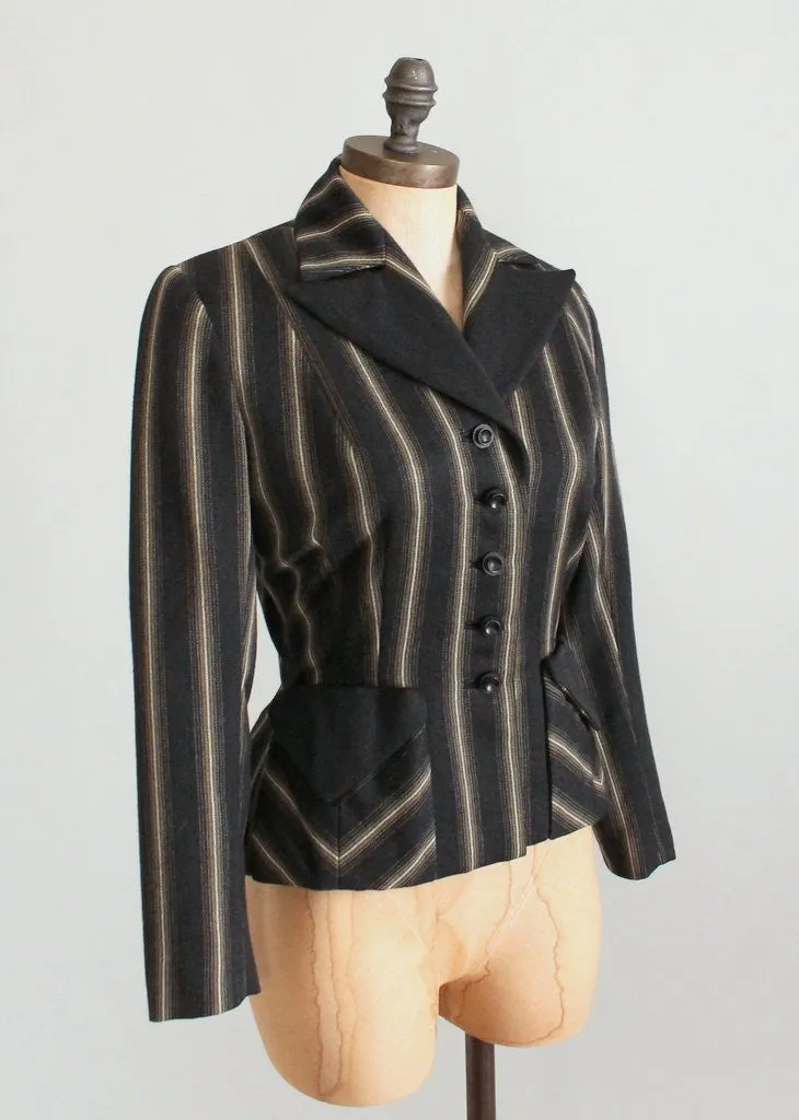 Vintage 1940s Charcoal Grey Striped Nipped Waist Jacket