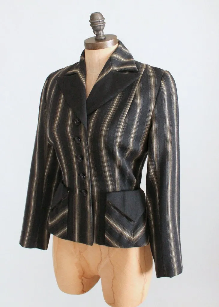 Vintage 1940s Charcoal Grey Striped Nipped Waist Jacket