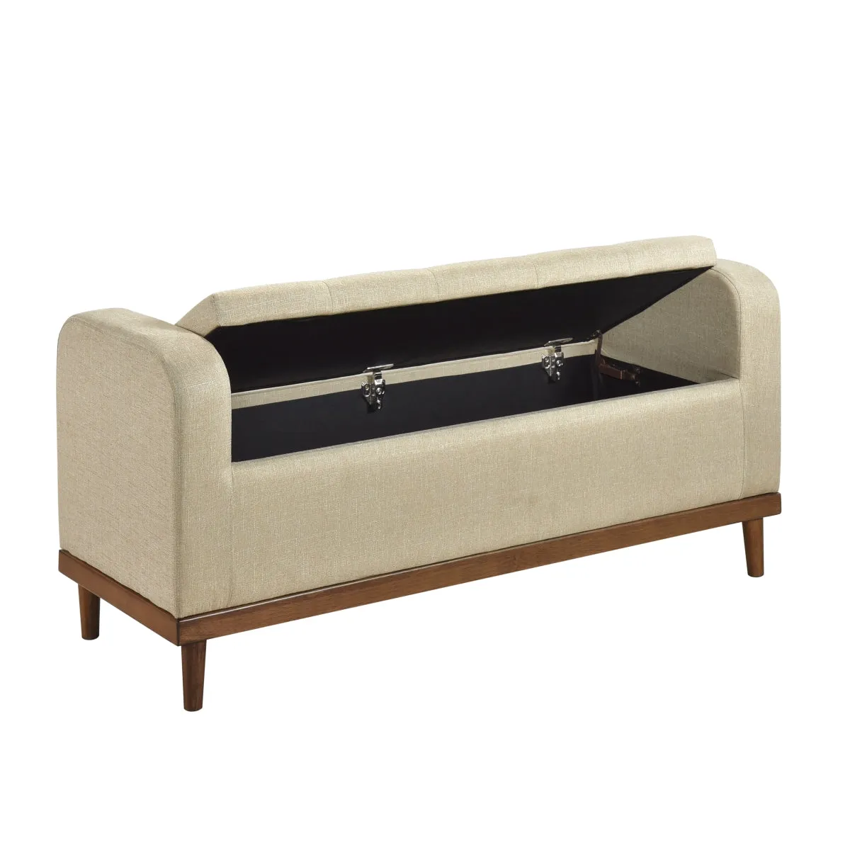 Walnut Finish Lift Top Storage Bench with Textured Light Brown Upholstery