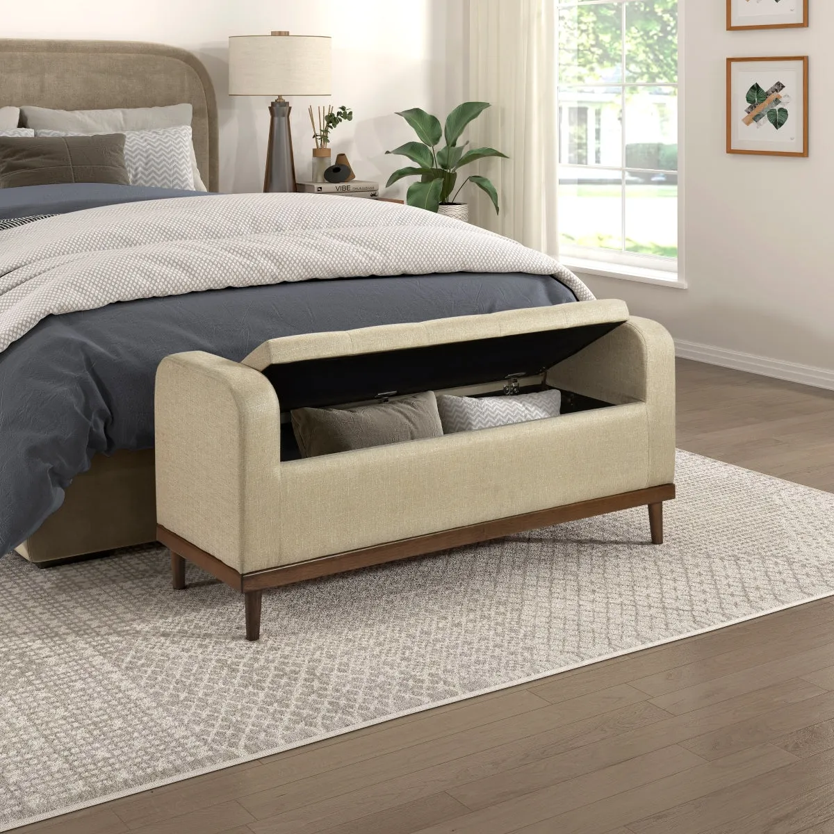 Walnut Finish Lift Top Storage Bench with Textured Light Brown Upholstery