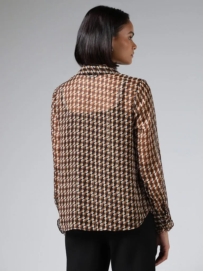 Wardrobe Brown Printed Ruffle Collar Shirt with Camisole