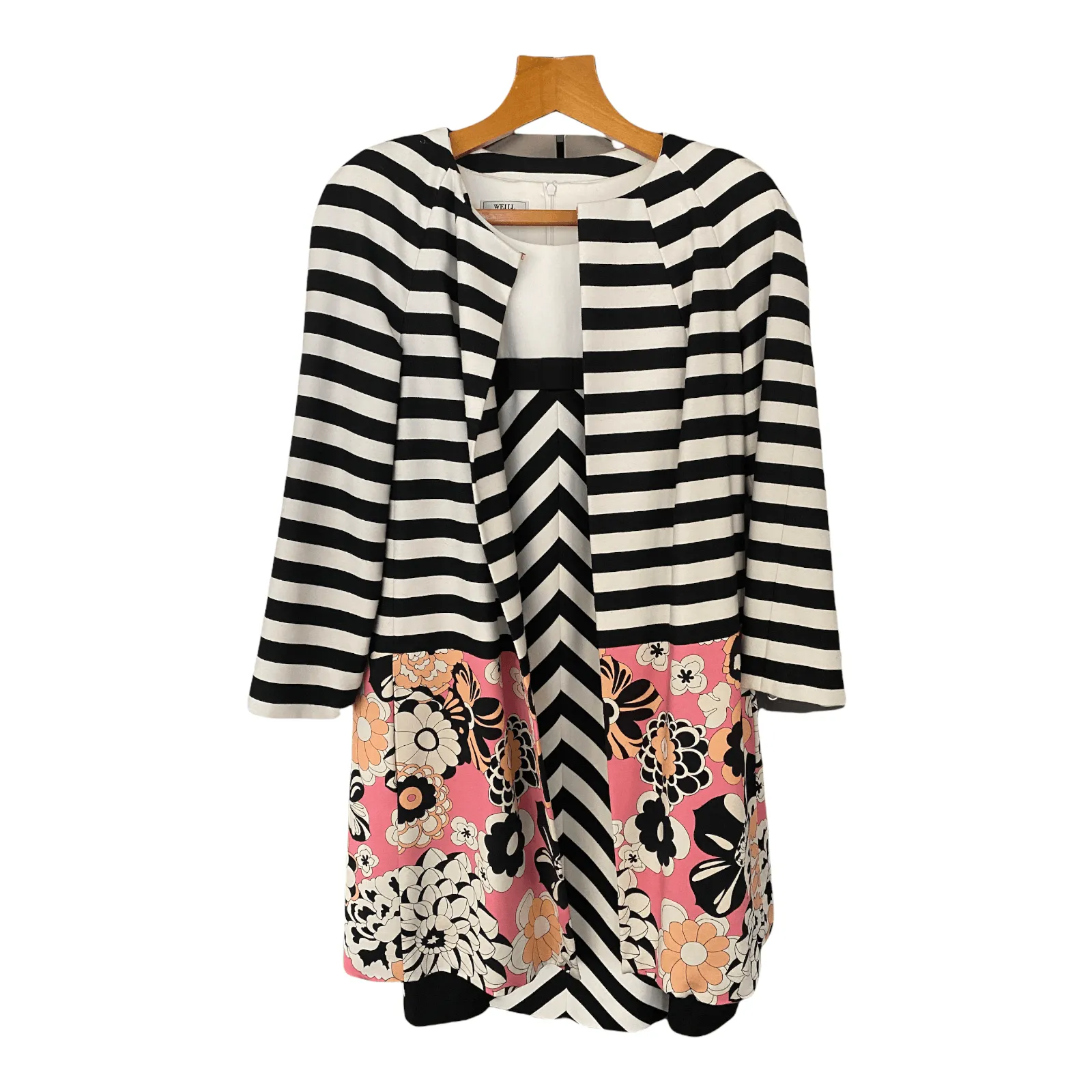 Weill Dress and Matching Jacket Black While Stripe with Floral UK Size 16