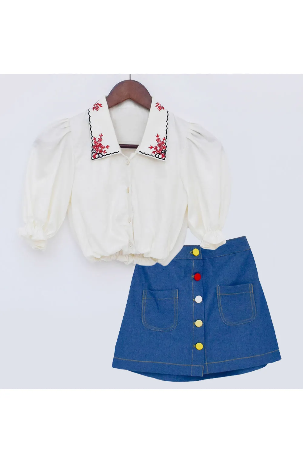 White Embroidered Cotton Silk Shirt With Denim Skirt Set