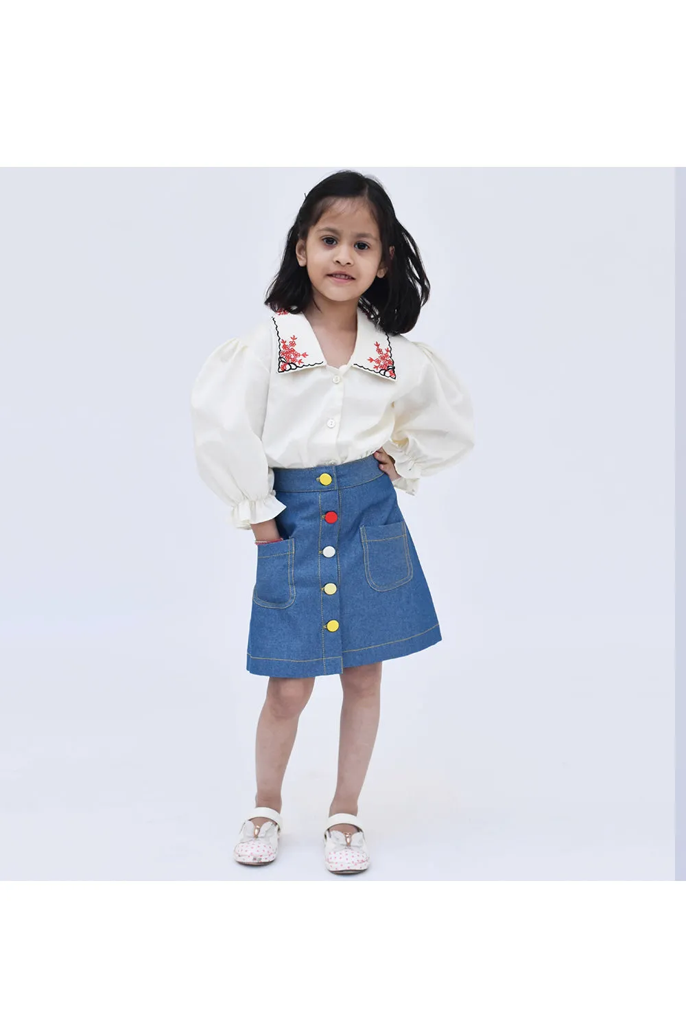 White Embroidered Cotton Silk Shirt With Denim Skirt Set