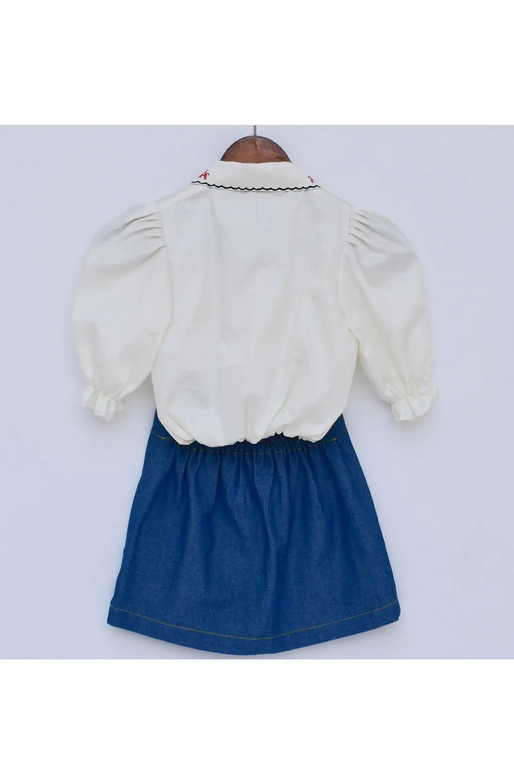 White Embroidered Cotton Silk Shirt With Denim Skirt Set