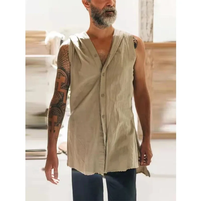 Wiaofellas  -  Spring Summer Newest Sleeveless Hoodie Cardigan Shirts Men Fashion Tank Tops Vintage Solid Buttoned Split Vest Male Streetwear