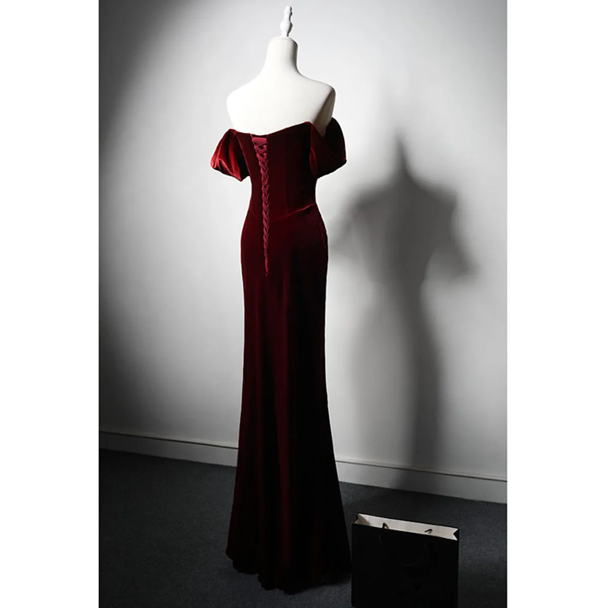 Wine Red Velvet Mermaid Off Shoulder Bridesmaid Dress, Wine Red Long Prom Dress