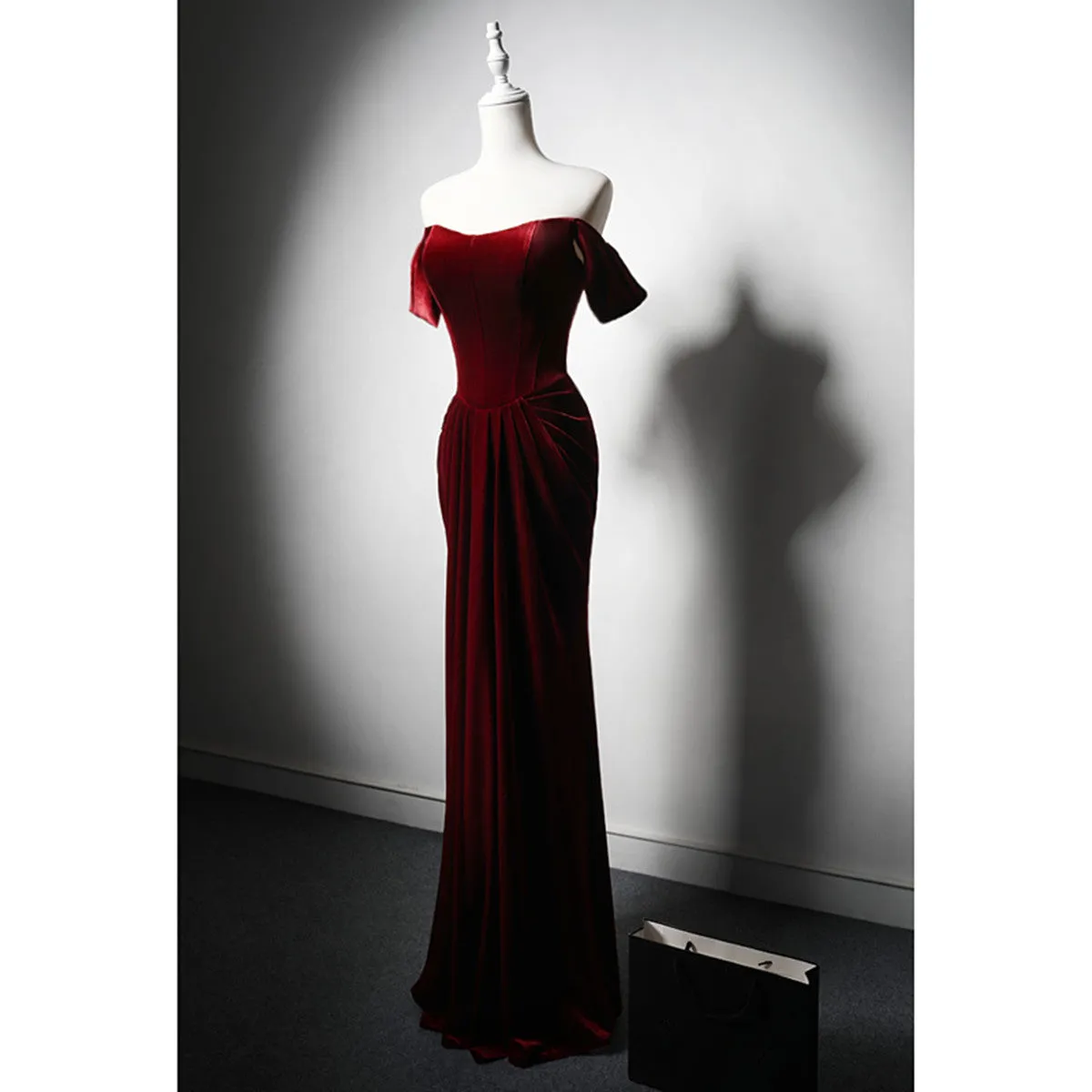 Wine Red Velvet Mermaid Off Shoulder Bridesmaid Dress, Wine Red Long Prom Dress