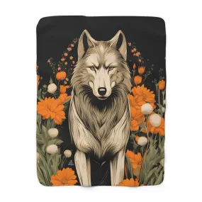 Wolf with Flowers, Sherpa Fleece Blanket for Cozy Warmth, 50"x60"