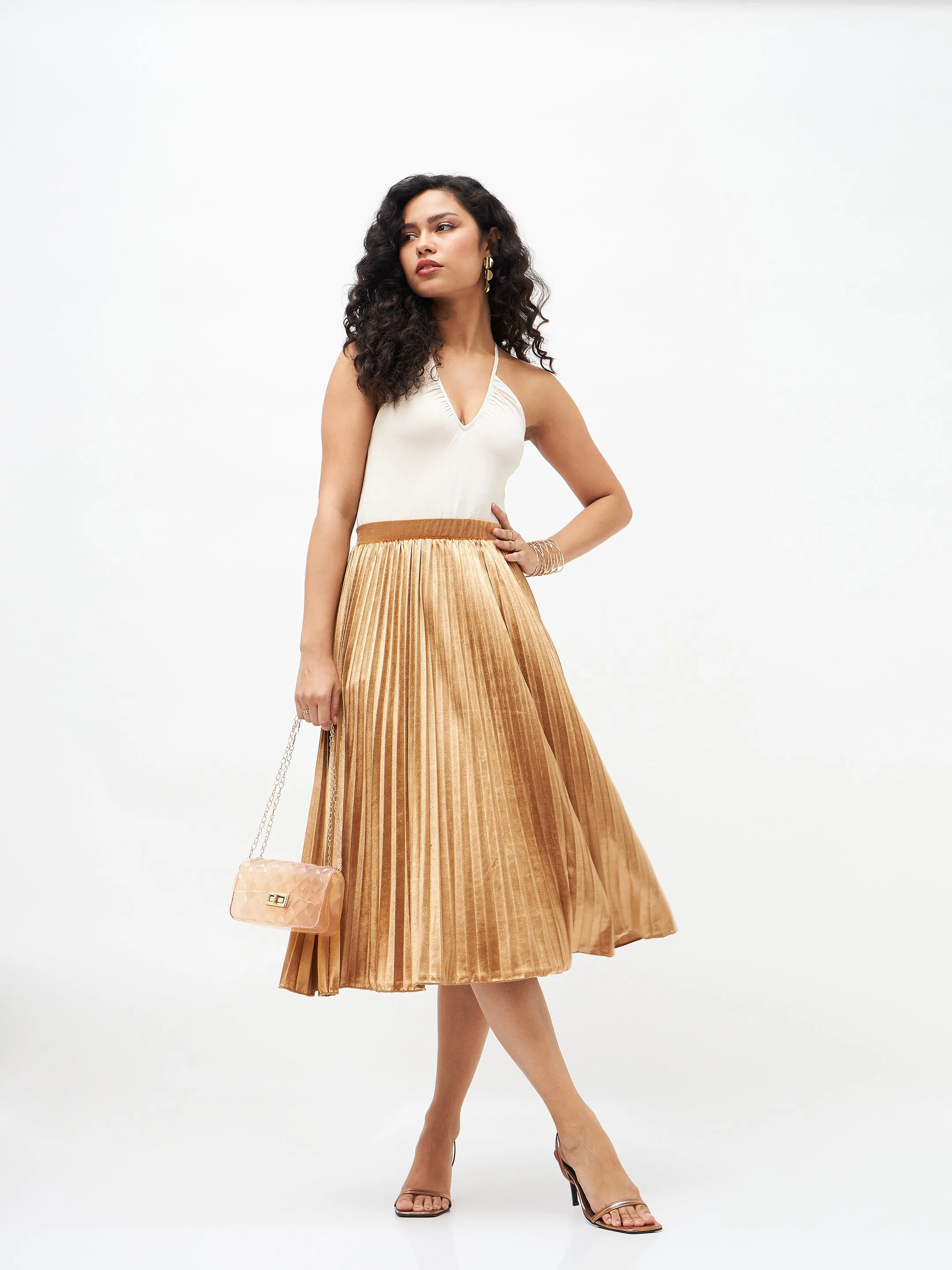 Women Gold Velvet Pleated Skirt