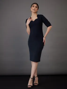 Women Navy Sweetheart Neck Bodycon Midi Dress