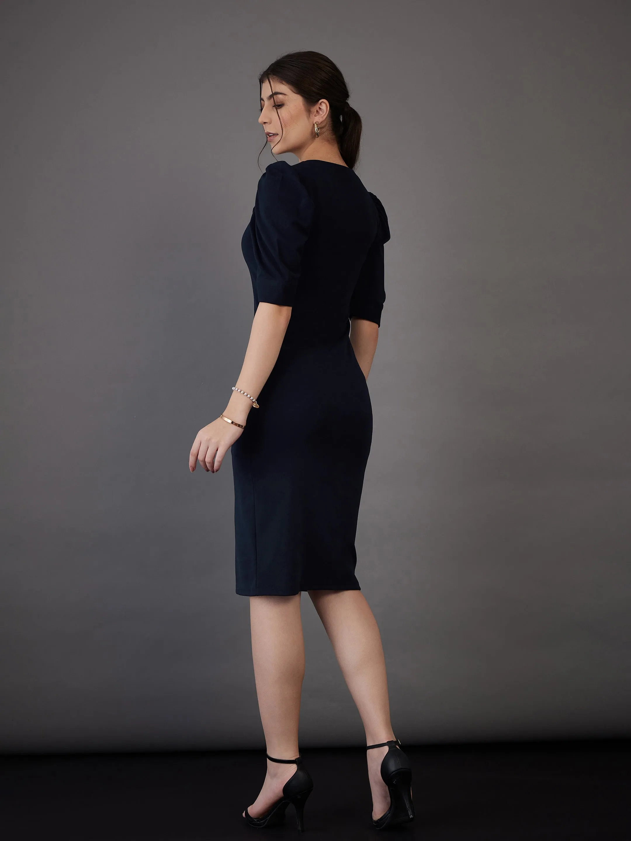 Women Navy Sweetheart Neck Bodycon Midi Dress