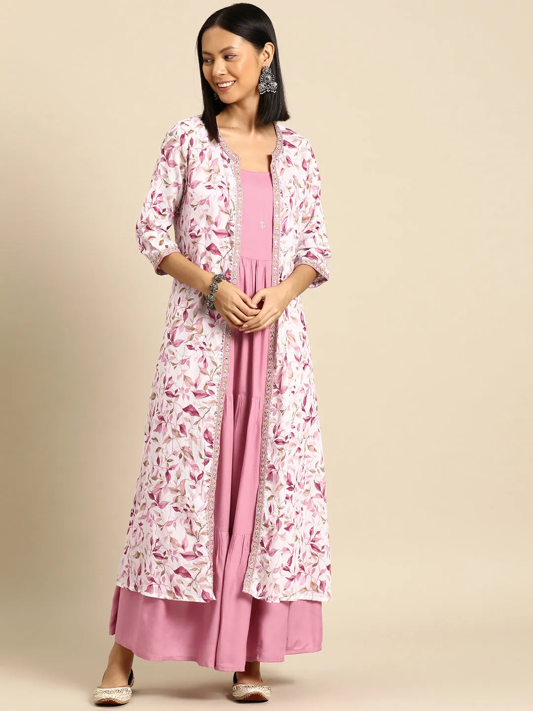 Women Pink Embroidered Flared Dress With Prinrted Jacket