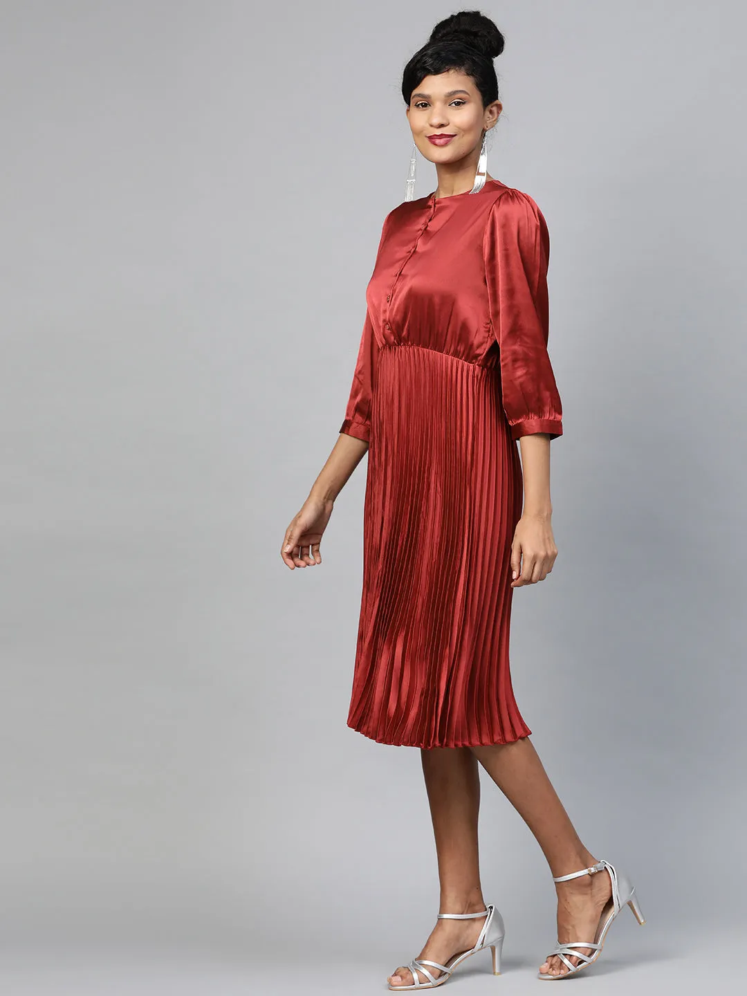 Women Red Pleated Midi Satin Dress