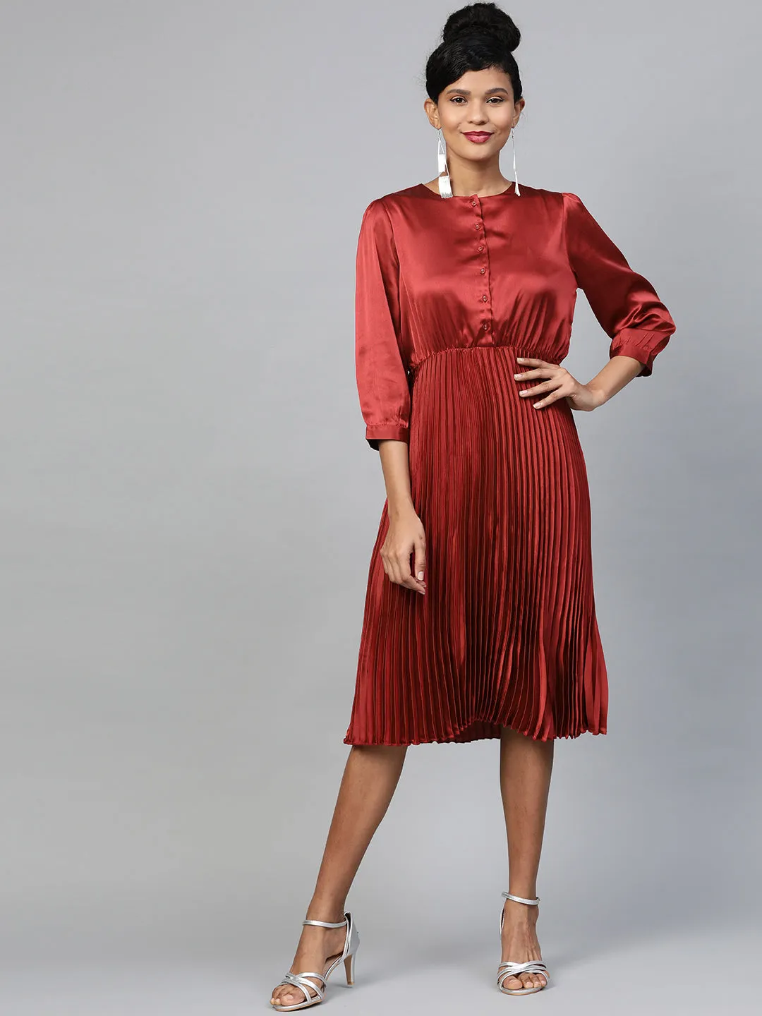 Women Red Pleated Midi Satin Dress