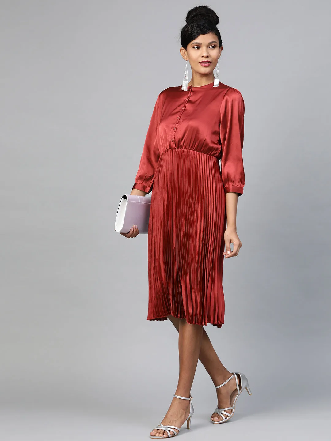 Women Red Pleated Midi Satin Dress