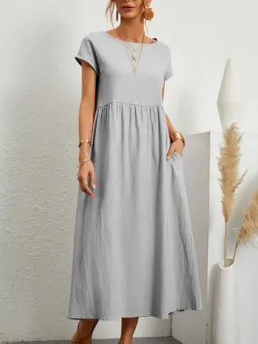 Women Vintage Solid Dress 2024 Summer Elegant O Neck Short Sleeve Cotton Linen Dresses Female Casual Loose Sundress Long Dress