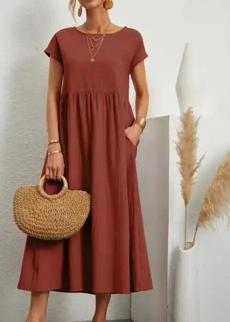 Women Vintage Solid Dress 2024 Summer Elegant O Neck Short Sleeve Cotton Linen Dresses Female Casual Loose Sundress Long Dress