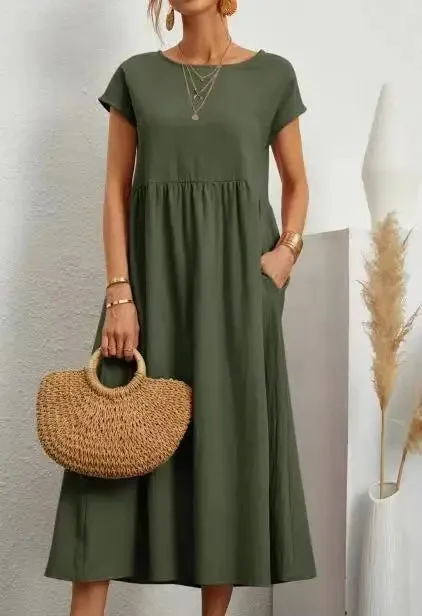 Women Vintage Solid Dress 2024 Summer Elegant O Neck Short Sleeve Cotton Linen Dresses Female Casual Loose Sundress Long Dress