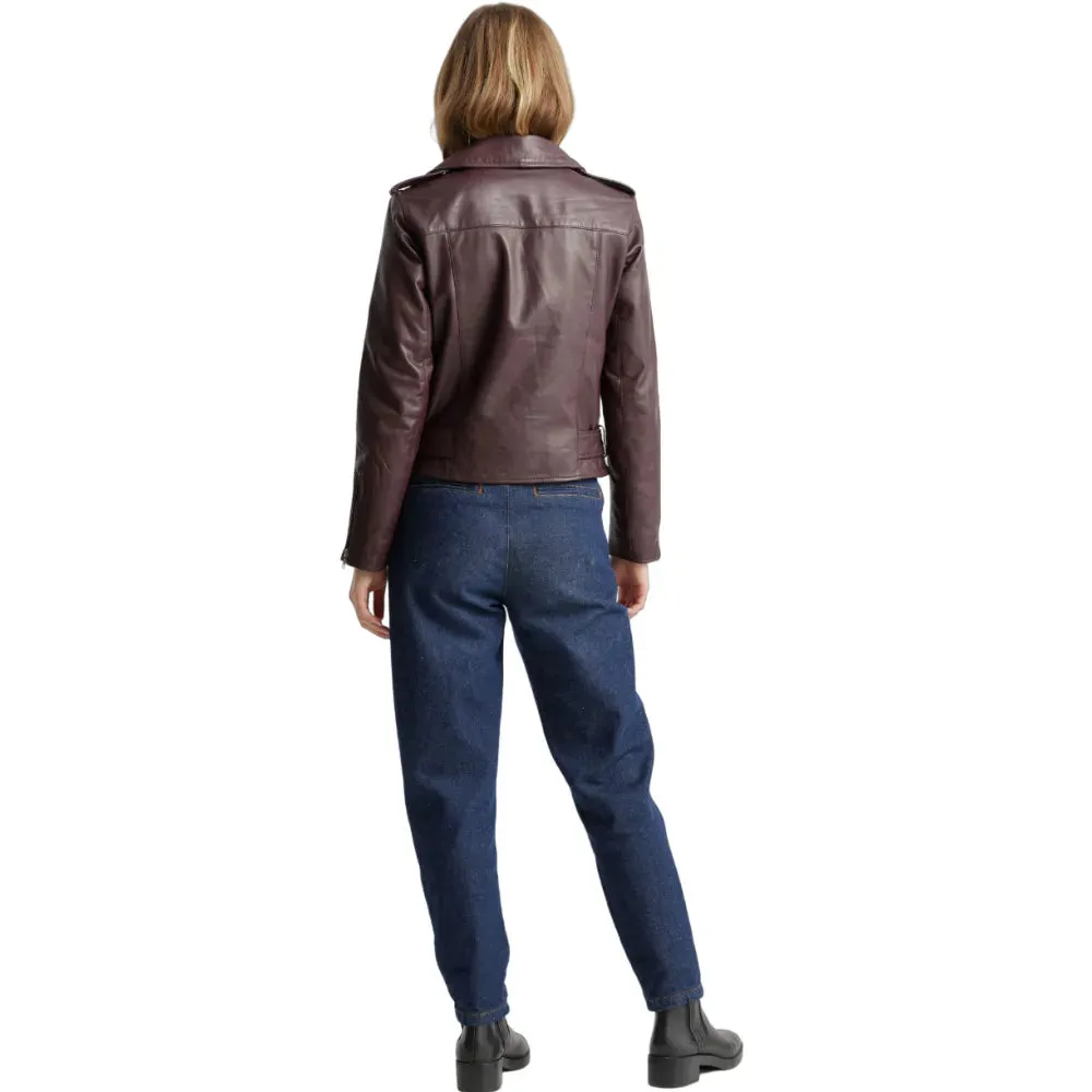 Womens Burgundy Leather Moto Jacket