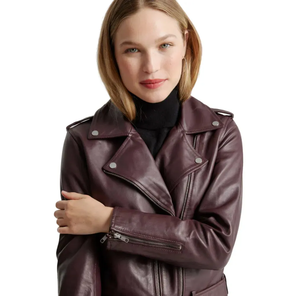 Womens Burgundy Leather Moto Jacket