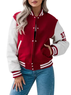 Women's Classic Letterman Style Red and White Varsity Jacket