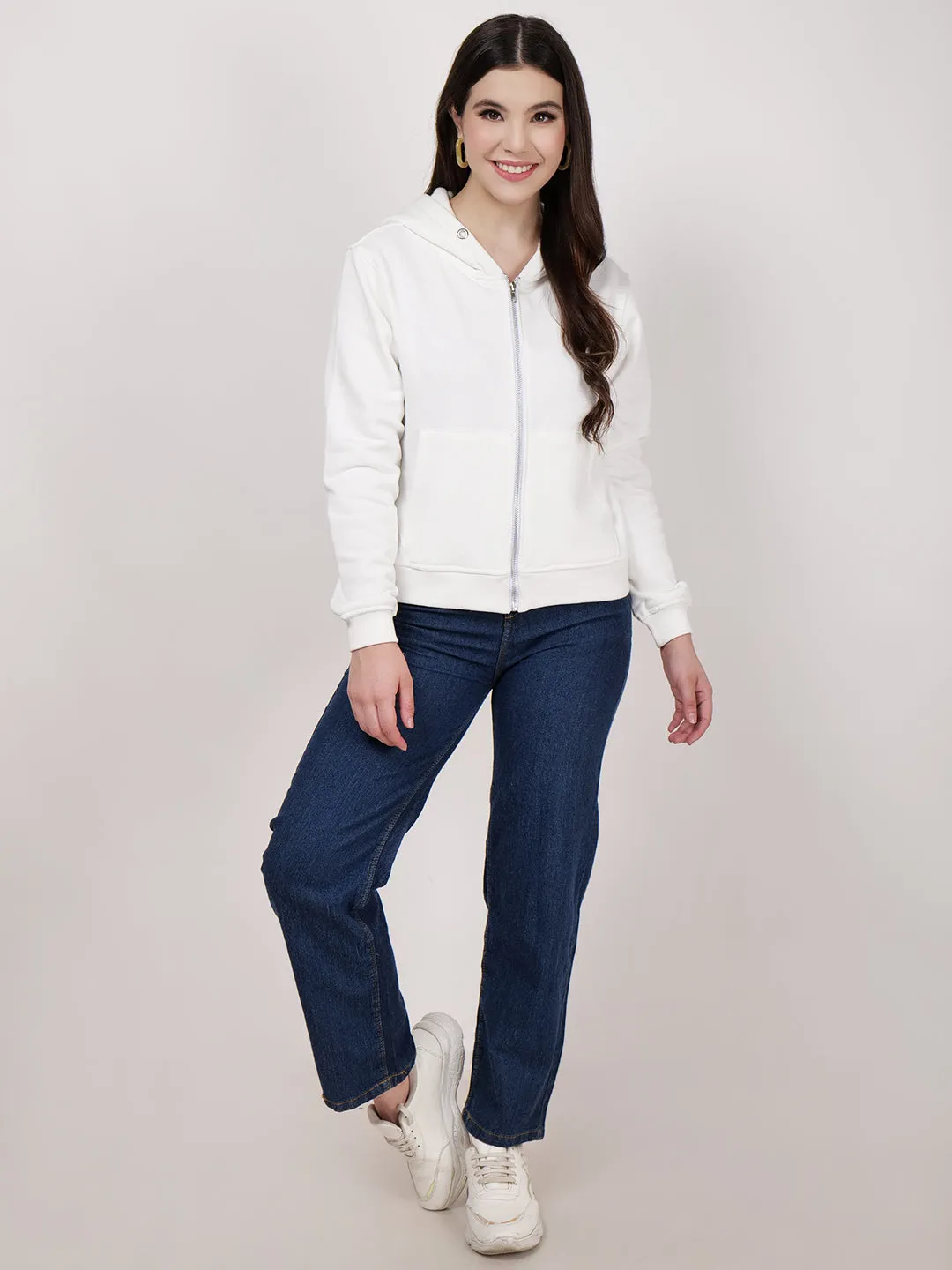 Women's Hooded Long Sleeves Cotton White Jacket