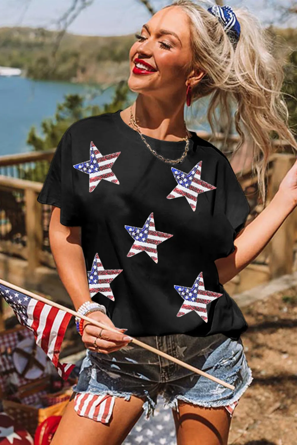 Women's Sequined American Flag Star Casual T Shirt