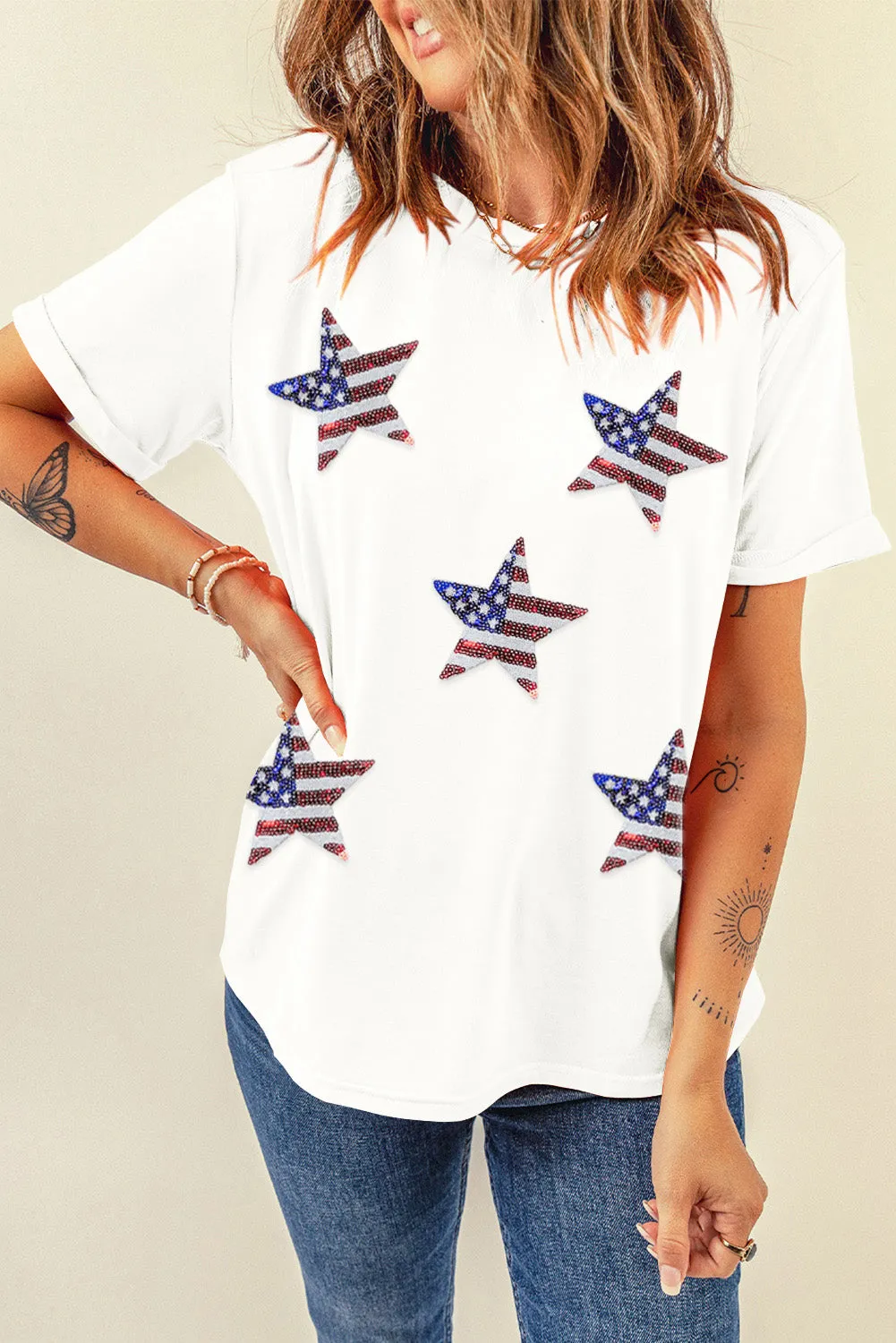 Women's Sequined American Flag Star Casual T Shirt