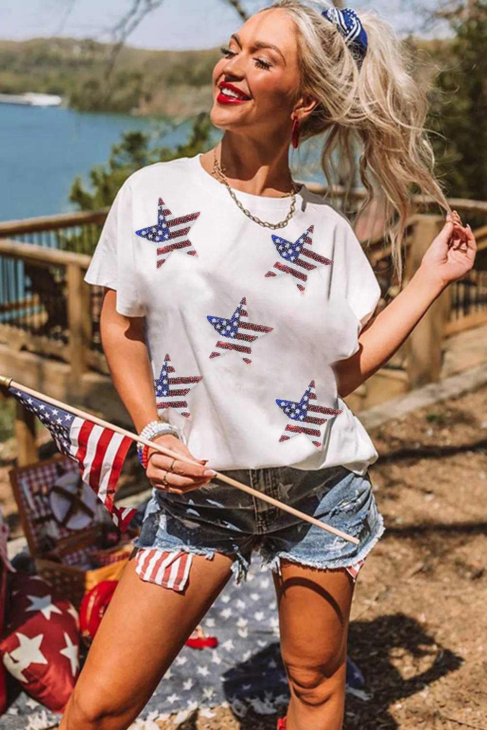 Women's Sequined American Flag Star Casual T Shirt