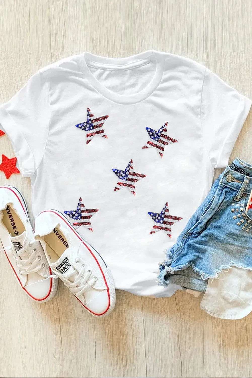 Women's Sequined American Flag Star Casual T Shirt