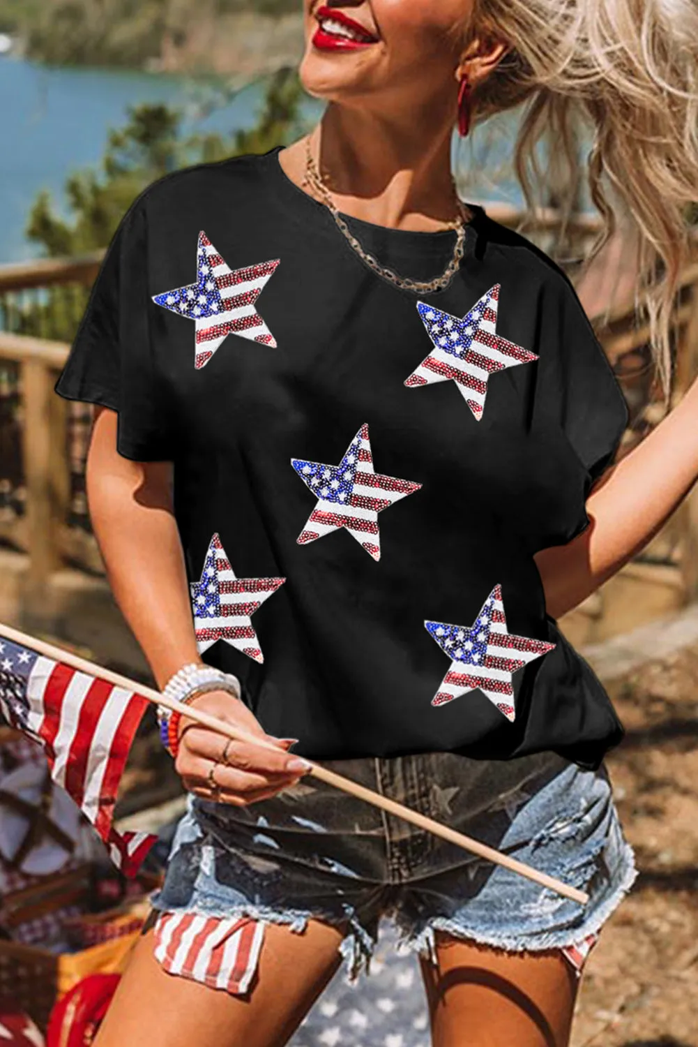 Women's Sequined American Flag Star Casual T Shirt