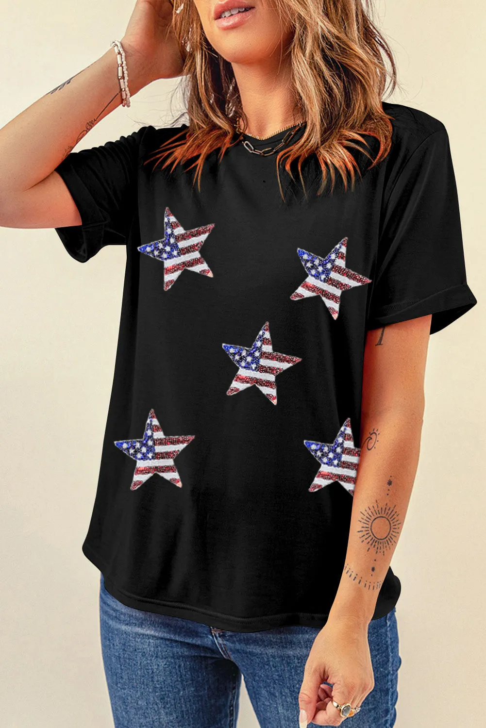 Women's Sequined American Flag Star Casual T Shirt