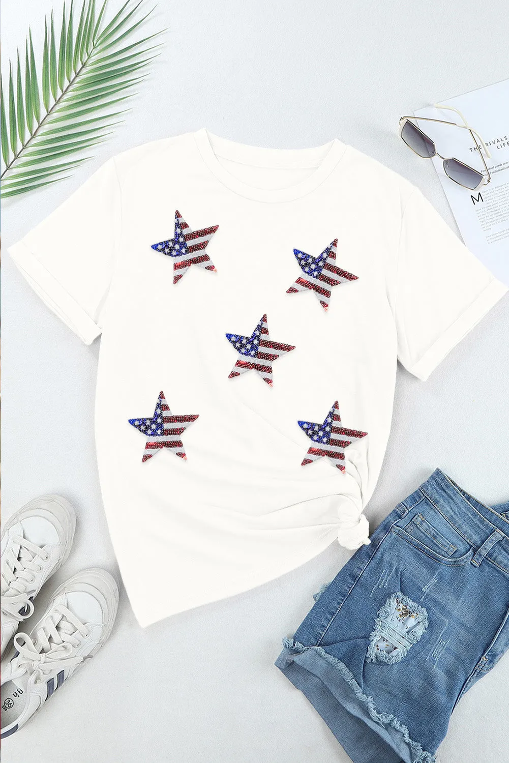 Women's Sequined American Flag Star Casual T Shirt