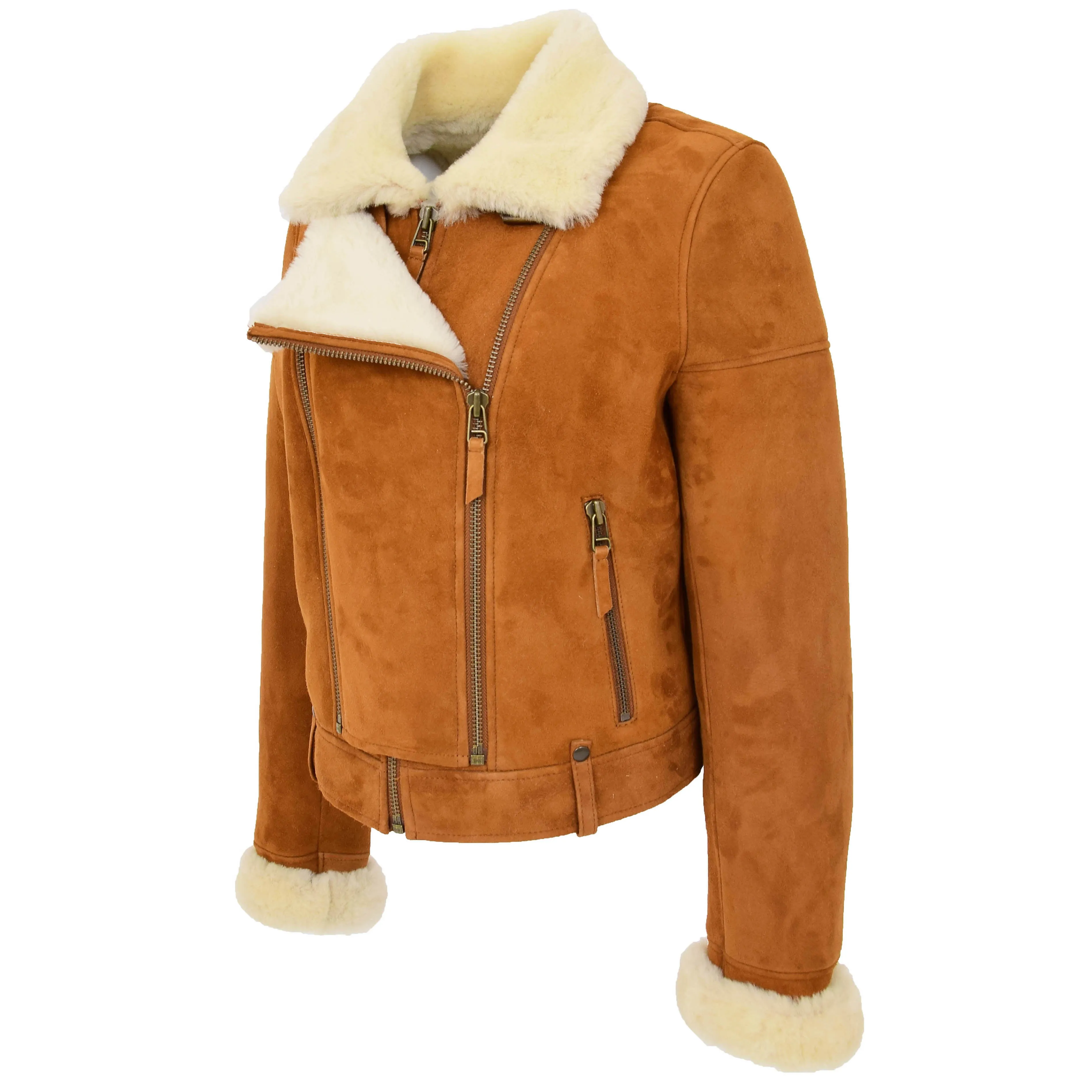 Womens Sheepskin Aviator Pilot Jacket Nora Tan White