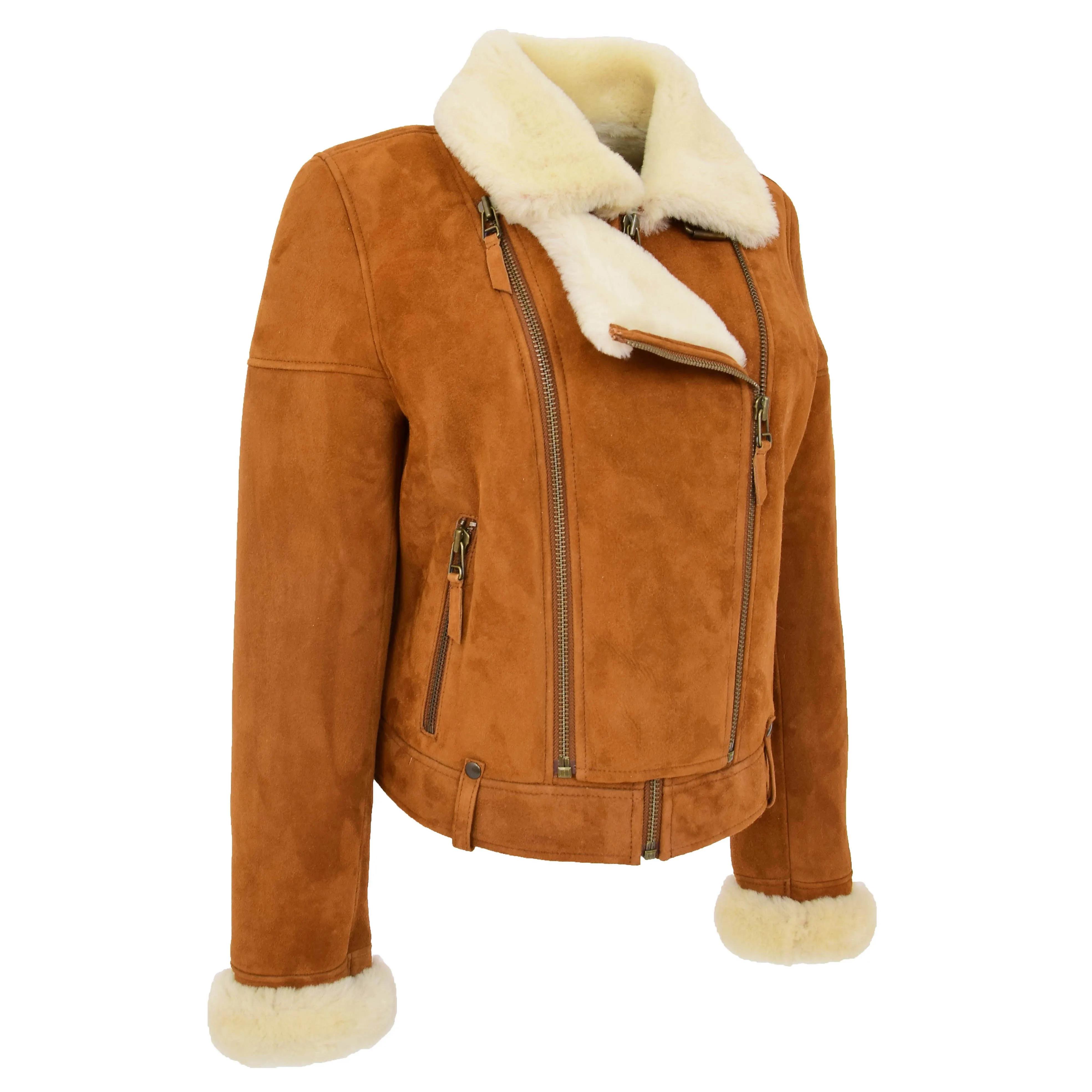 Womens Sheepskin Aviator Pilot Jacket Nora Tan White