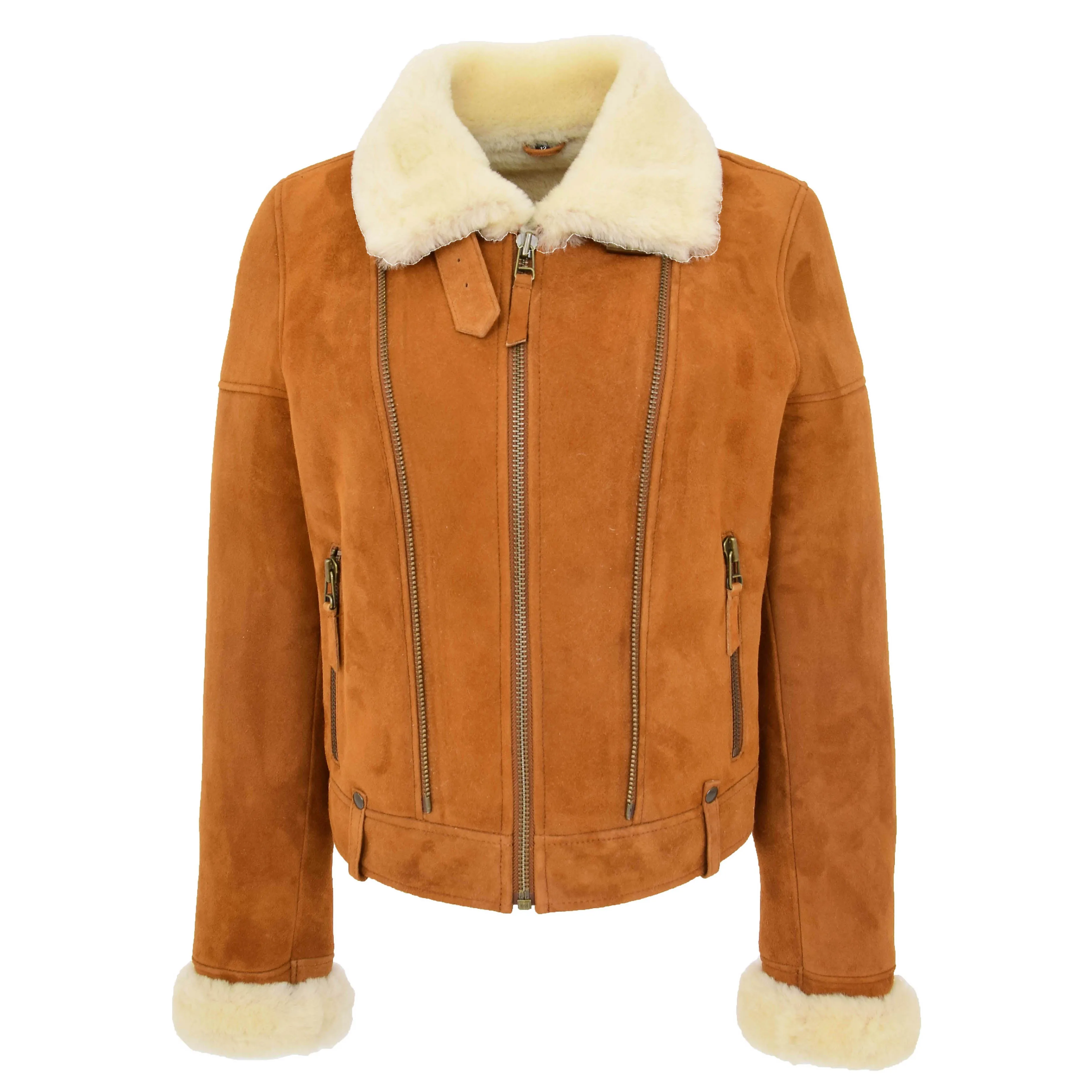 Womens Sheepskin Aviator Pilot Jacket Nora Tan White