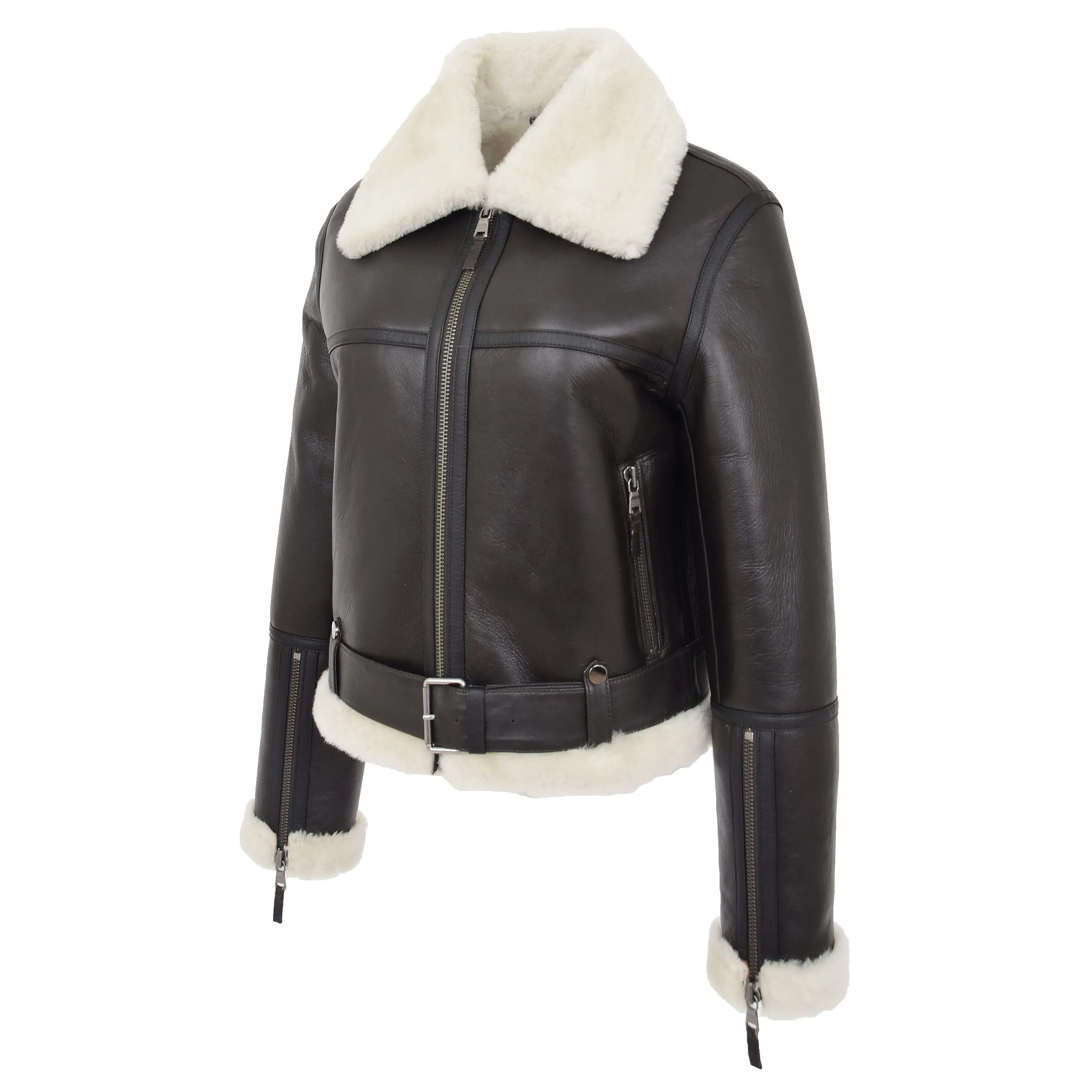 Womens Sheepskin Aviator RAF Pilot Jacket Elsie Brown White