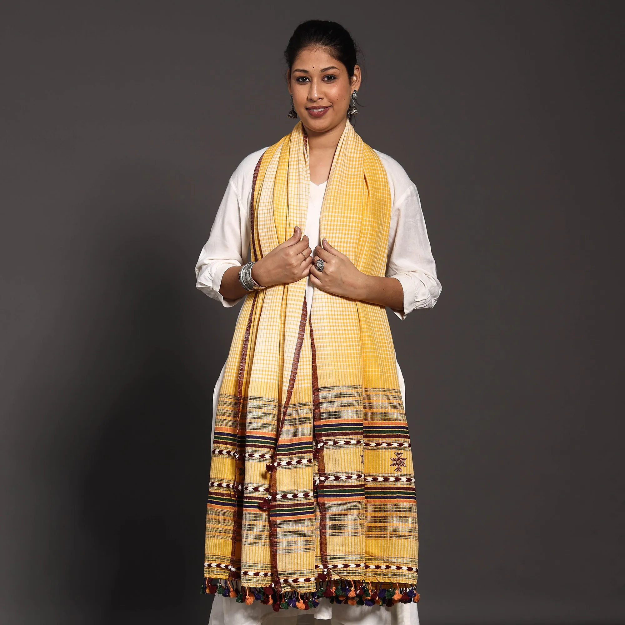 Yellow - Kutchi Traditional  Embroidered Handwoven Bharwadi Checks Wool Shawl