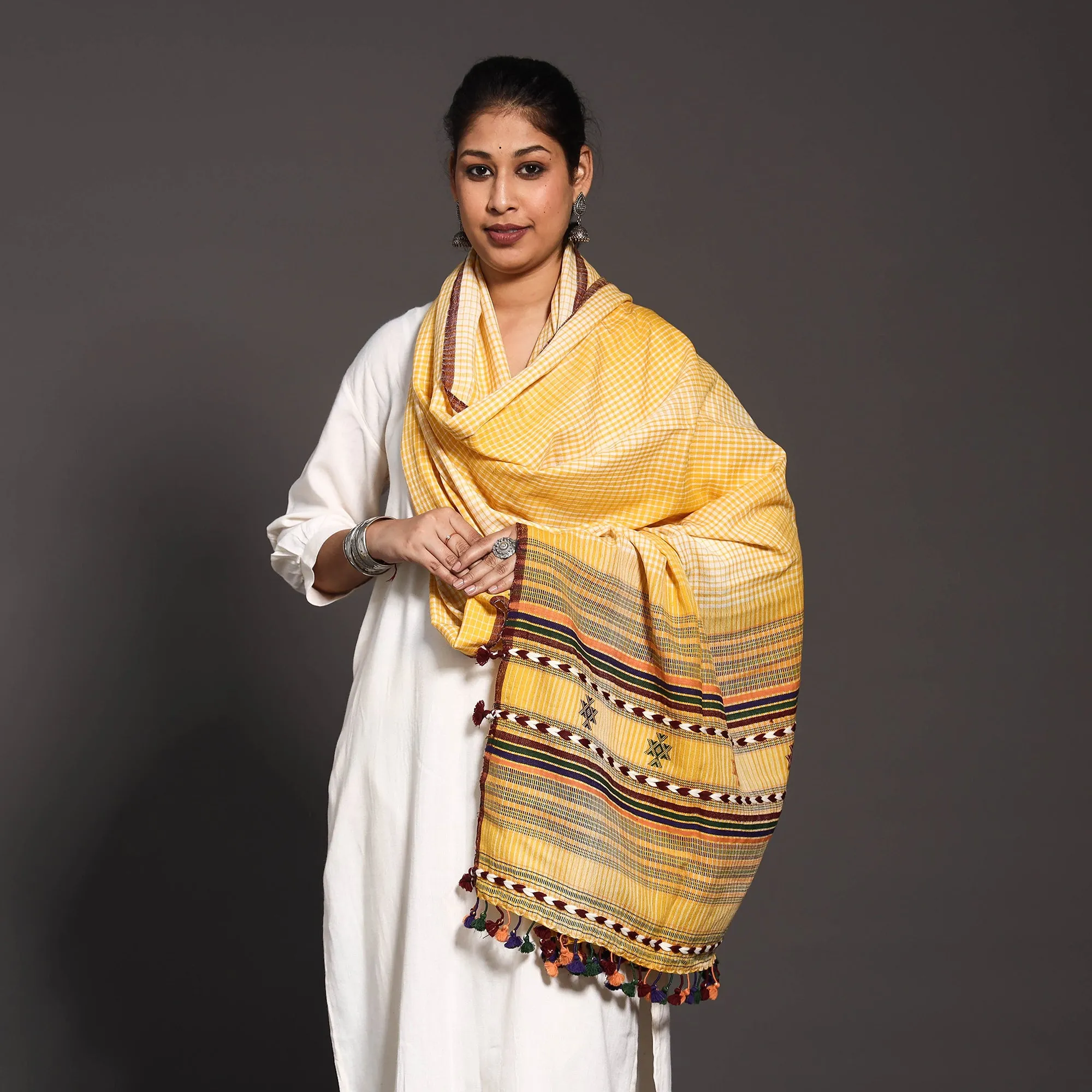 Yellow - Kutchi Traditional  Embroidered Handwoven Bharwadi Checks Wool Shawl