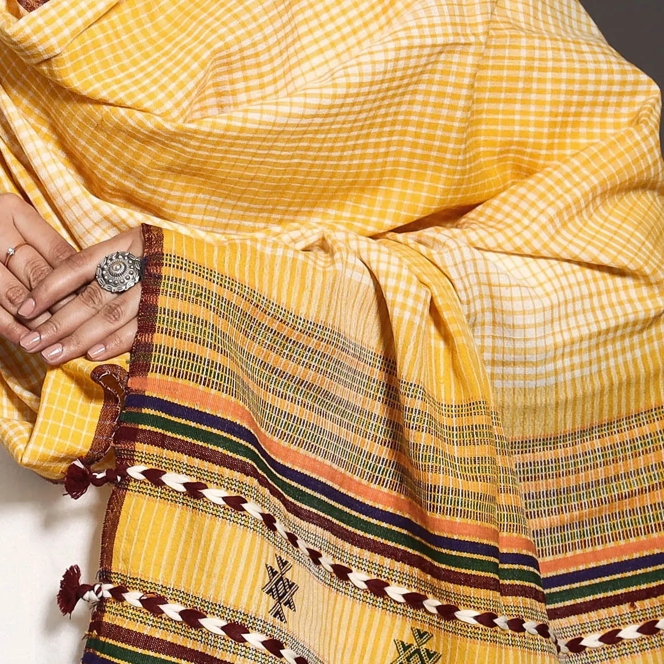 Yellow - Kutchi Traditional  Embroidered Handwoven Bharwadi Checks Wool Shawl