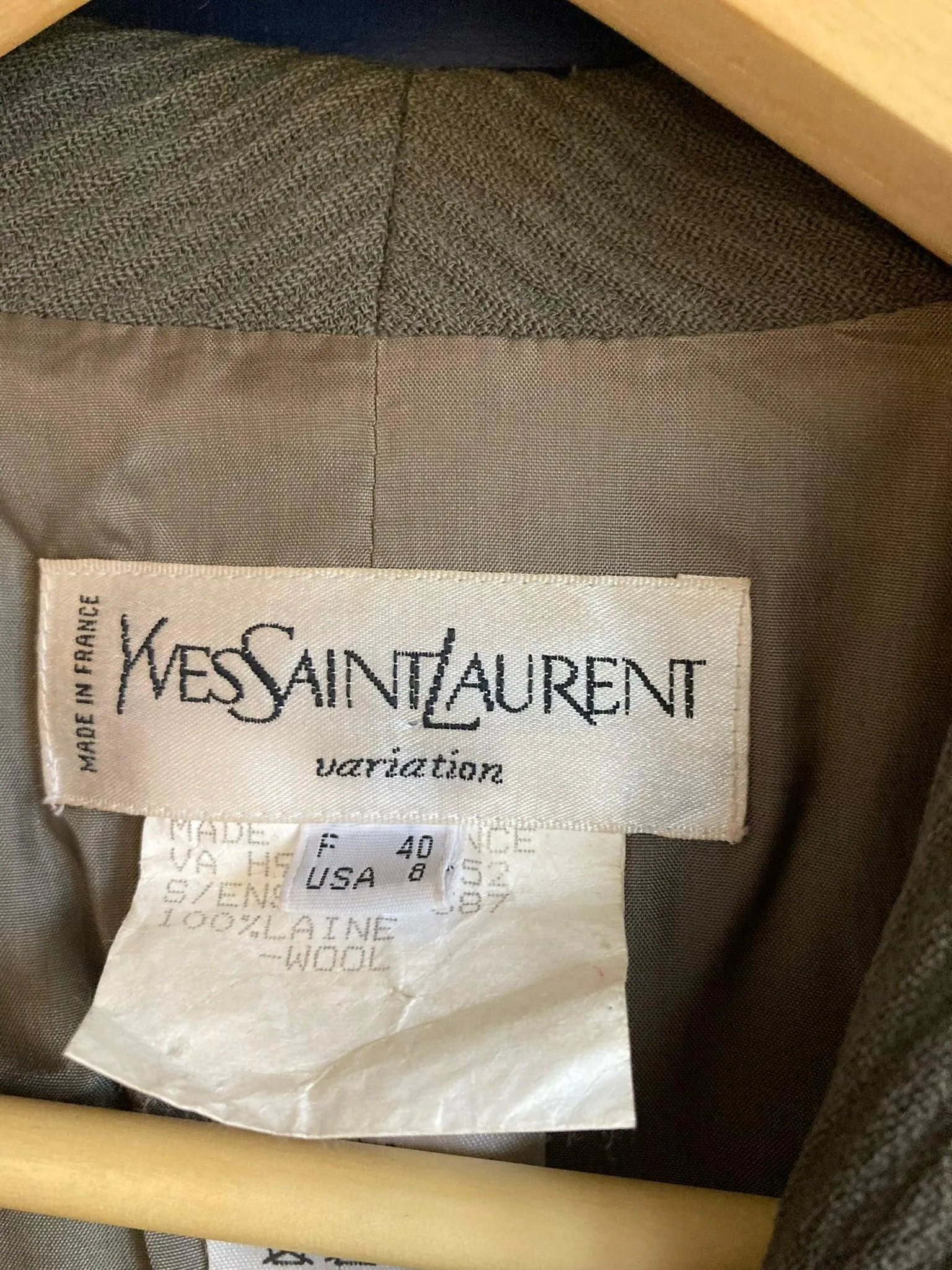 Yves Saint Laurent Wool Khaki Green Long Sleeved Jacket UK Size 12